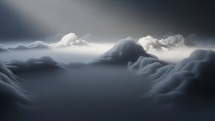 Misty mountains rise into the cloudy sky, shrouded in fog, viewed from a distance with dramatic lighting.