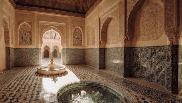 Ornate Moroccan Riad Interior with Traditional Architecture and Serene Water Features.