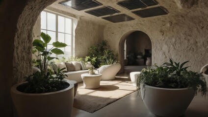 Fototapeta premium Luxurious and Serene Indoor Lounge Area with Lush Green Plants and Natural Light.