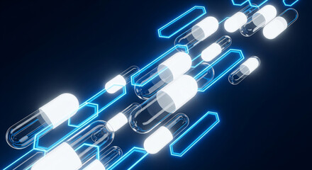 digital illustration of glowing medical capsules traveling along a futuristic blue circuit pathway