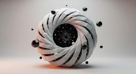 Abstract 3d render of a low poly white swirling vortex structure with black and white spheres