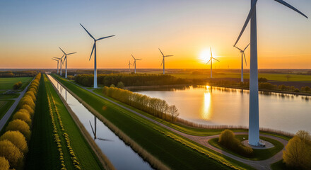 Wind turbines generating clean energy across Dutch landscape at brilliant golden sunset hour