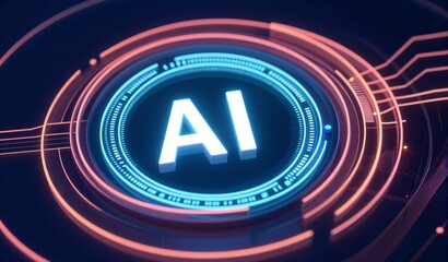 Futuristic AI interface glowing in neon blue and red, circular tech design symbolizing artificial intelligence innovation.
