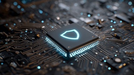 Futuristic cybersecurity concept with glowing shield icon on microchip representing digital data protection, network security, encryption, and advanced high-tech computing systems