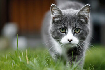 Obraz premium Gray and white cat walking on green grass with focused eyes and alert expression in outdoor natural setting, showing soft fur texture and delicate whiskers