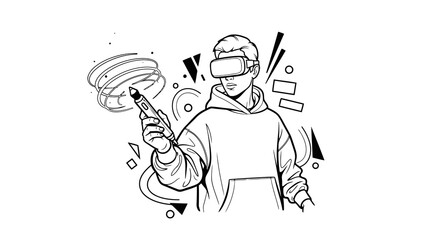 Man wearing vr headset holding a 3d pen, exploring digital creation and virtual reality technology