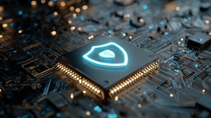 Futuristic cybersecurity concept with glowing shield icon on microchip representing digital data protection, network security, encryption, and advanced high-tech computing systems