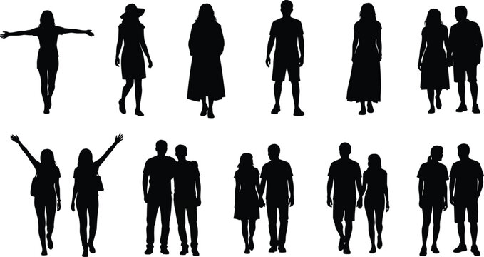People silhouettes walking illustration, men and women couples and individuals, lifestyle movement poses, black shadow figures, isolated background, cad drawing flat vector illustration