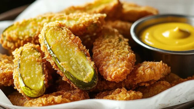 Fried pickle slices served in a bowl with a yellow dipping sauce on the side. The pickles are golden brown and appear crispy. A tantalizing appetizer or snack.
