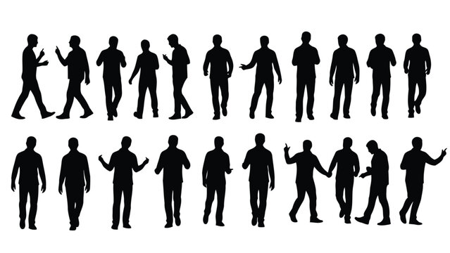 Collection of black human male silhouettes in various poses on white background vector