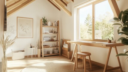 木目調のロフト書斎と自然光