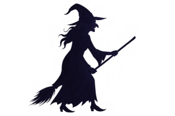 Witch silhouette flying on a broomstick, halloween magic and fantasy concept on transparent background