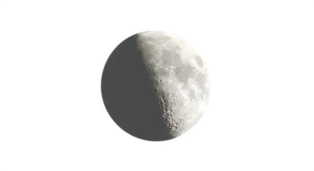 Detailed half moon phase isolated on transparent background for space exploration and science projects