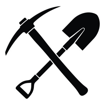 A crossed pickaxe and shovel simple black and white icon illustration