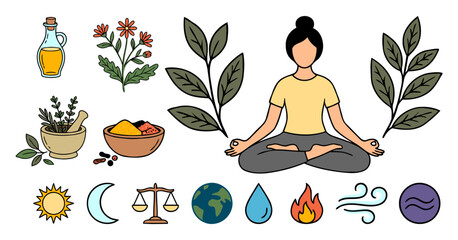 Ayurveda wellness concept illustration showing woman meditating with herbs, spices, natural elements and holistic healing symbols for healthy lifestyle. flat vector illustration