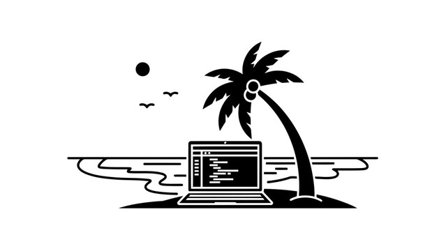 Laptop with code on beach near palm tree with sun and birds, remote work concept illustration.