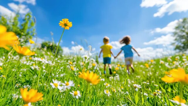 Childhood Joy in the Meadow: Two children, hand in hand, frolic through a vibrant meadow. The bright sun casts a warm glow, illuminating the flowers. A scene of pure happiness.