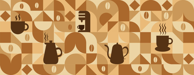 Coffee Themed Geometric seamless pattern. Abstract mosaic background. Coffee icons, line design with simple shapes for coffee shops, cafe walls, and menu.