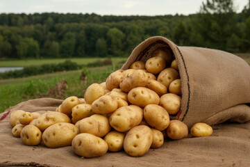 High detail close up of fresh yellow potatoes spilling from a brown burlap sack on a field background during harvest time at a rural organic farm in summer.