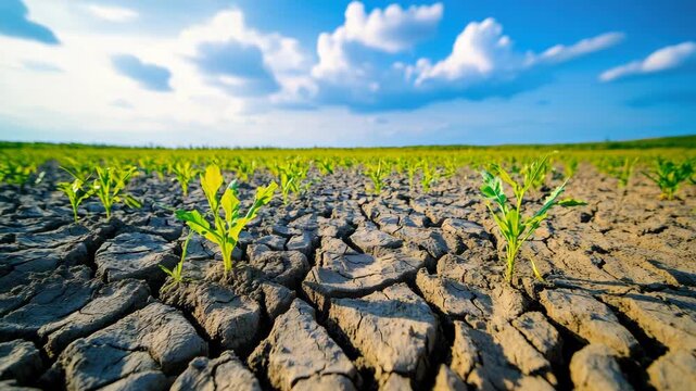 Aerial view of a field with water cracks and rows of sown seeds under clear sky