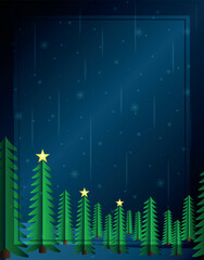 Winter night forest background with Christmas trees and glowing stars