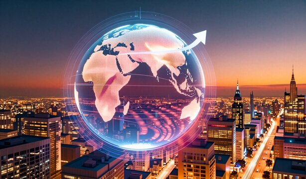 Digital globe floats above cityscape at dusk, glowing with data streams and arrows symbolizing global connectivity. - Powered by Adobe