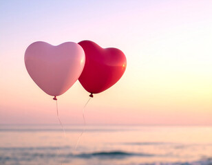 Fototapeta premium Two heart shaped balloons float over the ocean at sunset, symbolizing love and romance