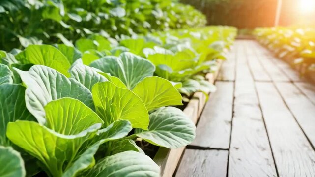 Vibrant Vegetables: Lush rows of healthy, verdant cabbages and vegetables flourish in a well-kept garden. Showcasing the beauty of organic cultivation and agricultural abundance.
