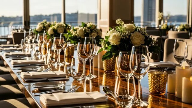 Elegant Table Setting: A sophisticated tablescape adorned with floral arrangements and glassware, illuminated by soft candlelight, offering a harmonious blend of aesthetics.