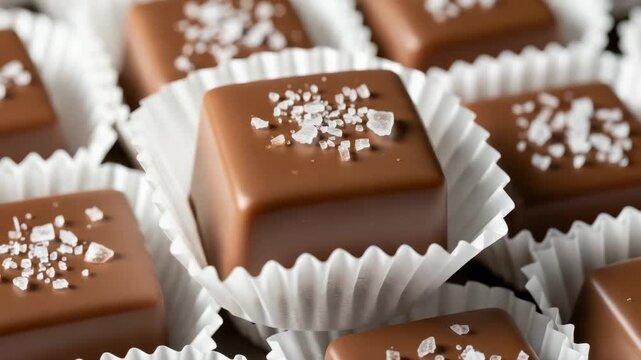 Gourmet Chocolates: An up-close view of delectable chocolates, carefully arranged and sprinkled with sea salt, offering a sensory experience that entices with its rich flavors and textures.