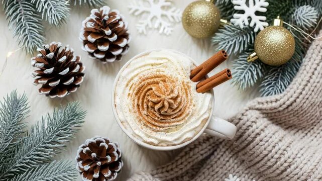 Festive Coffee Delight: A cozy composition featuring a cup of coffee adorned with a swirl of cream, embraced by pinecones, ornaments, and cinnamon sticks, evoking the warmth of winter.