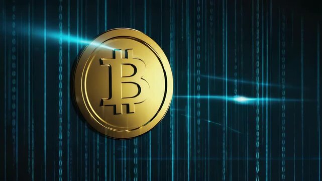 A digital representation of a Bitcoin coin placed against a backdrop of binary code streaming across the scene. The is designed to symbolize cryptocurrency and its underlying technology.