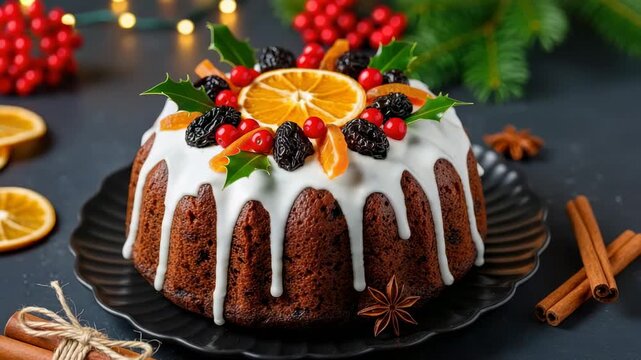 Festive Fruitcake: a beautifully decorated fruitcake adorned with vibrant dried fruits, glazed with a sweet icing, and set against a backdrop of festive decorations