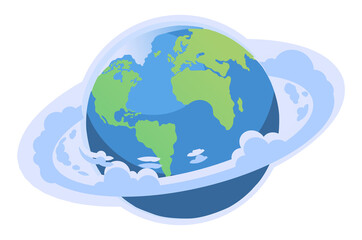 Colorful simple illustration of Earth featuring a soft cloud ring formation and visible atmospheric layers.