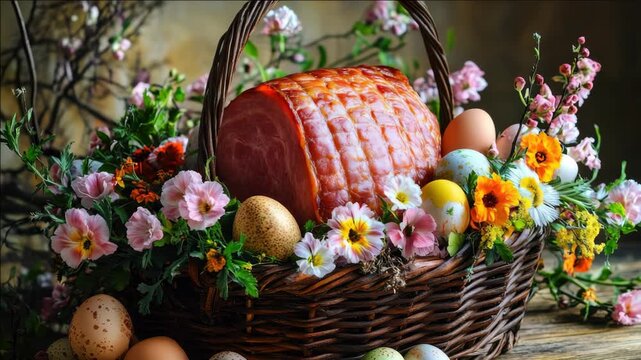 A basket filled with colorful hard-boiled eggs and slices of ham adorned with flowers.