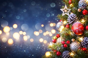 Right-aligned decorated Christmas tree with red and silver ornaments, pinecones, and star lights. Left side fades into soft blue bokeh lights with space for text. Bright festive lighting, vivid color.