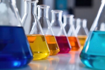 Laboratory glassware with multicolored liquids. Chemical laboratory. AI generated Laboratory glassware with multicolored liquids.