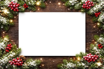 Dark wooden background with a large white rectangular card centered for text space. Border decorated with realistic pine branches, red berries, and soft snow particles.