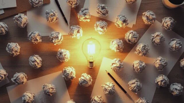 A glowing light bulb idea surrounded by crumpled paper balls on a desk. The creative process of brainstorming and finding a solution. Innovation and success concept