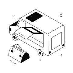 Isometric picnic van illustration for road trip, camping, and outdoor travel concepts