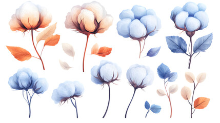 Obraz premium Vibrant pastel flowers and leaves isolated on white background.