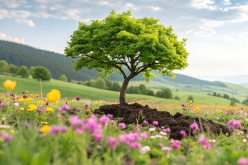 Fototapeta premium Fresh Green Tree Growing from Soil in a Blooming Meadow Landscape