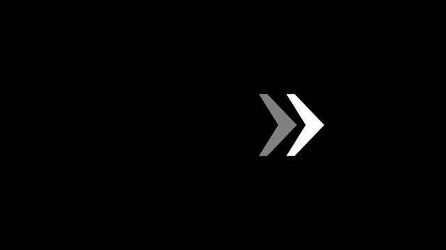 White arrow moving right forward white symbols animation. Right directional arrow loop animation on black background.