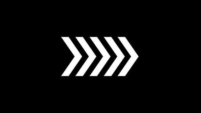 White arrow moving right forward white symbols animation. Right directional arrow loop animation on black background.