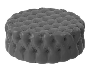 Luxurious round tufted ottoman in a deep charcoal gray faux leather material