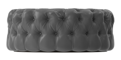 Tufted round ottoman upholstered in dark gray faux leather with button details