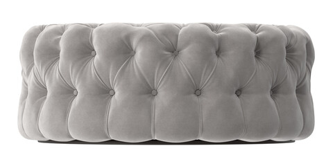 Plush grey velvet ottoman with deep button tufting and diamond stitching detail