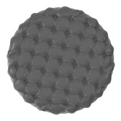 Top view of a round grey tufted ottoman with button details on a white background