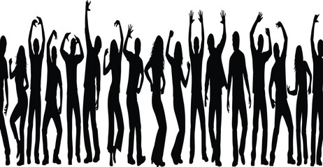 Fototapeta premium Dancing crowd silhouettes with raised hands showing energetic nightlife celebration, party atmosphere, music festival vibes, joyful movement illustration concept