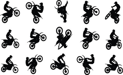 Motocross rider silhouettes performing extreme motorcycle stunts, jumps, and tricks, action sports motion, freestyle biking illustration, dynamic adrenaline concept © Shadhona